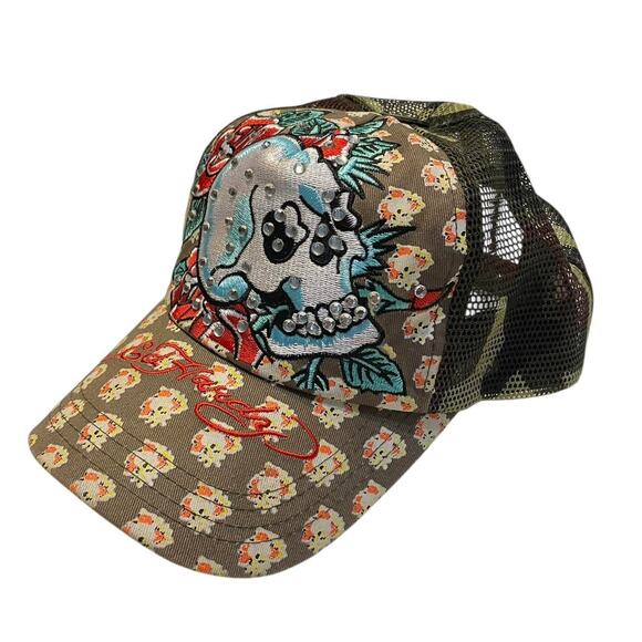 NWOT Ed Hardy blinged out skull camo mesh trucker cap SnapBack - Picture 1 of 8